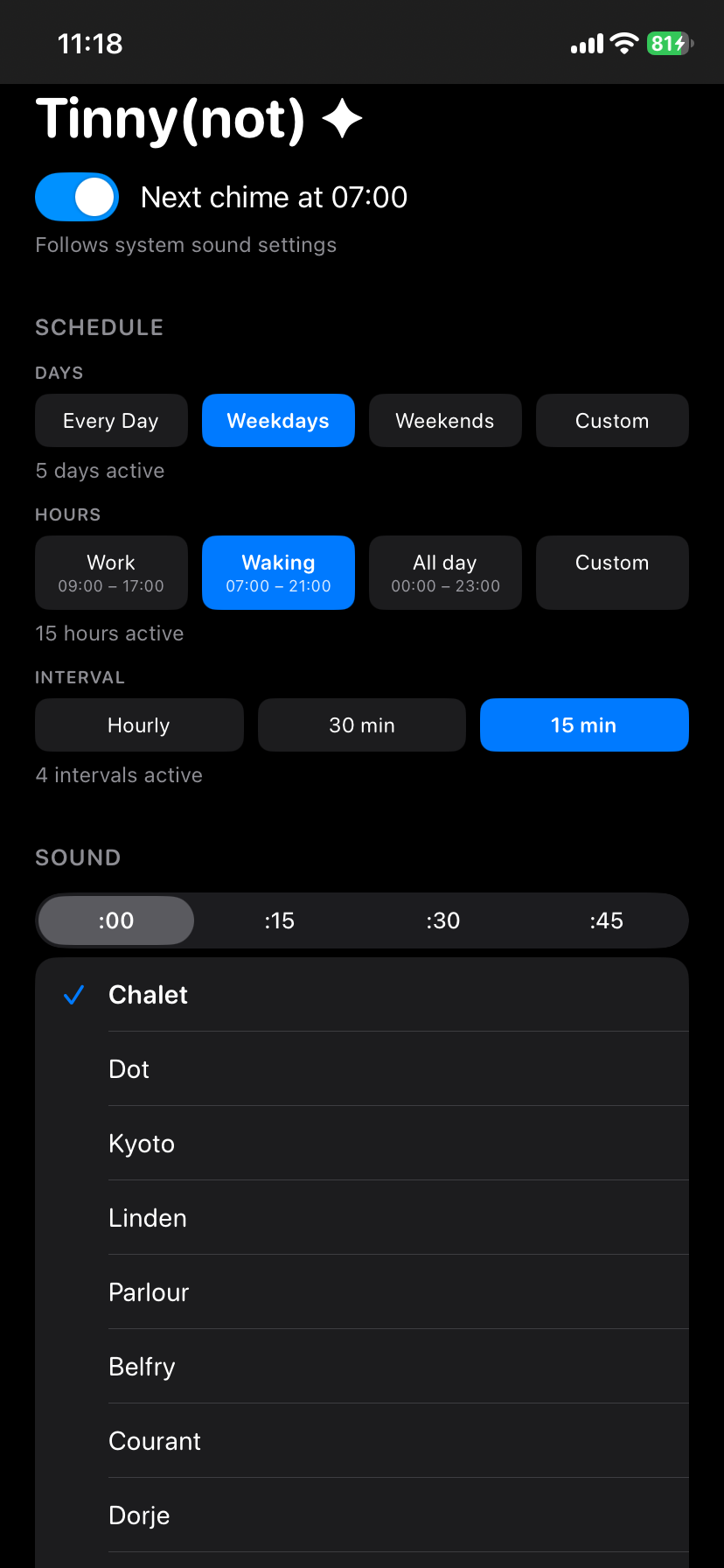 Tinny(not) main screen showing custom day and hour scheduling, the interval, and the sound list