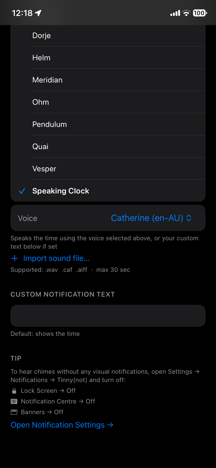 Tinny(not) with the speaking clock selected, its voice picker, sound import and the custom notification text field